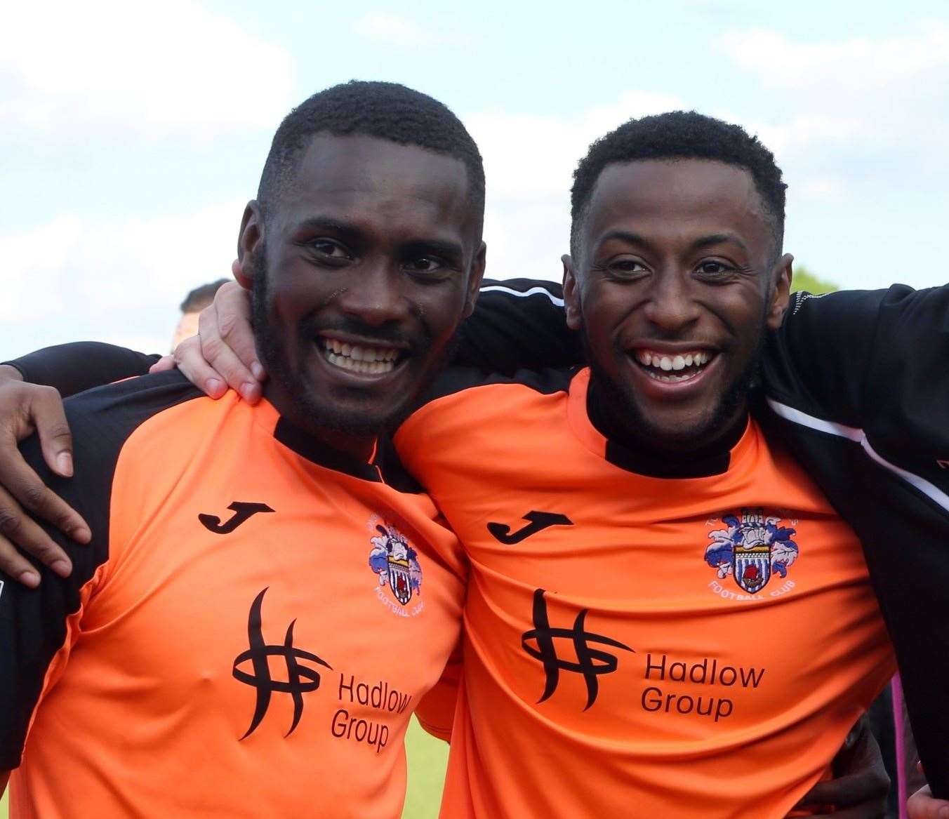 Chinedu McKenzie, left, celebrates promotion with D'Sean Theobalds Picture: David Couldridge