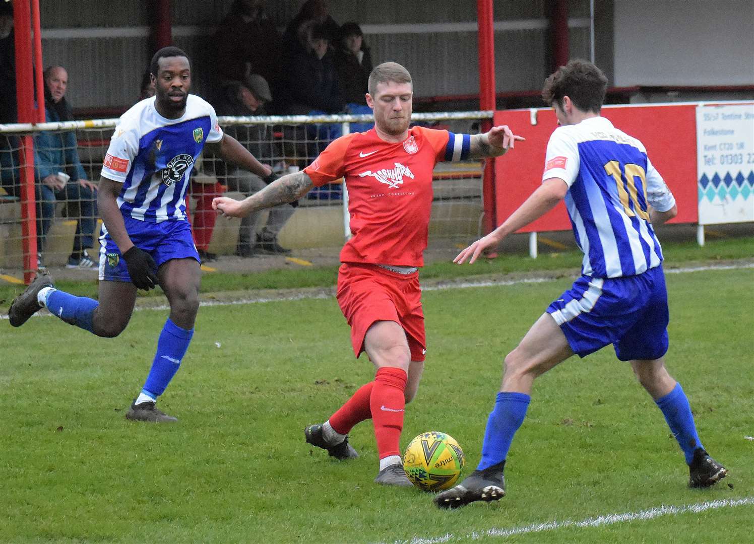 Hythe Town captain Charlie Webster in action against VCD Picture: Randolph File