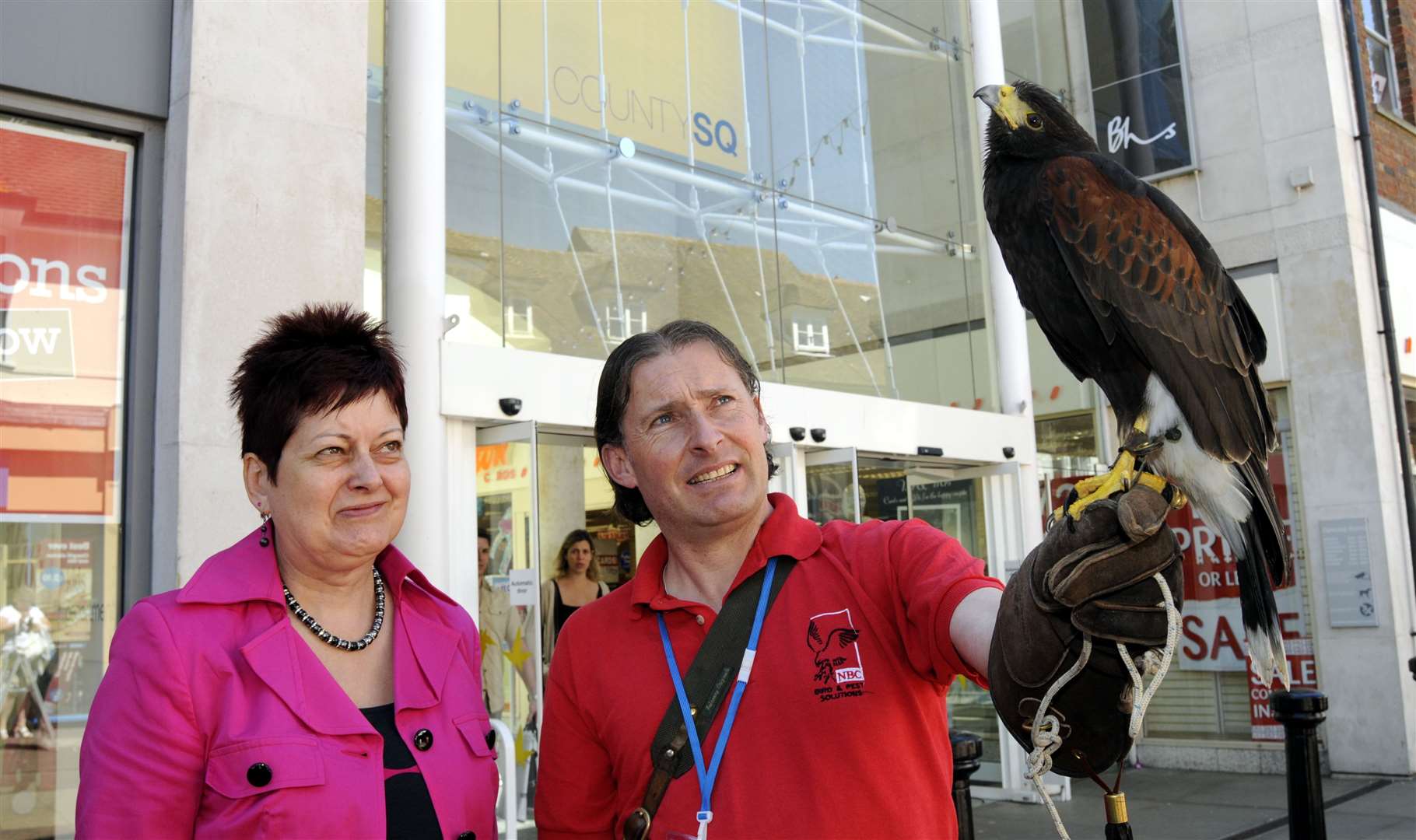 Avian pest controller Gary Railton took a male Harris Hawk to the centre in June 2010 to keep the seagulls away. He's pictured with centre manager Frances Burt