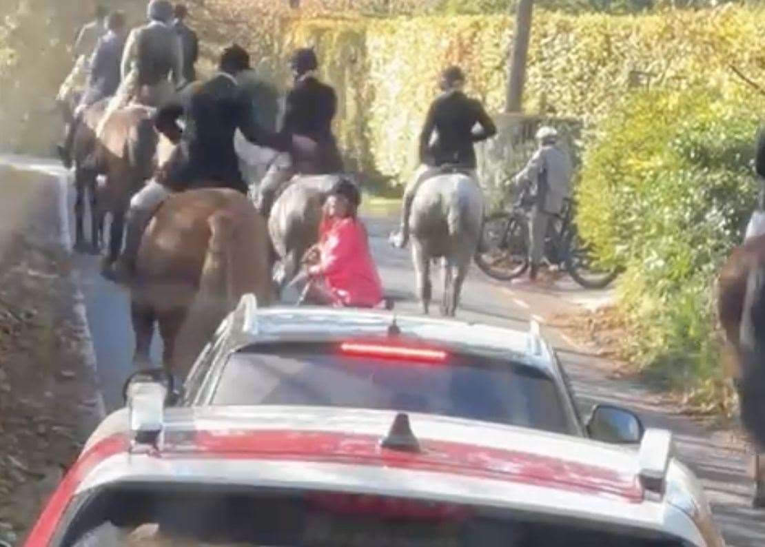 Footage appears to show a horse rider striking their whip at a cyclist during a hunt meet. Picture: Carly Ahlen