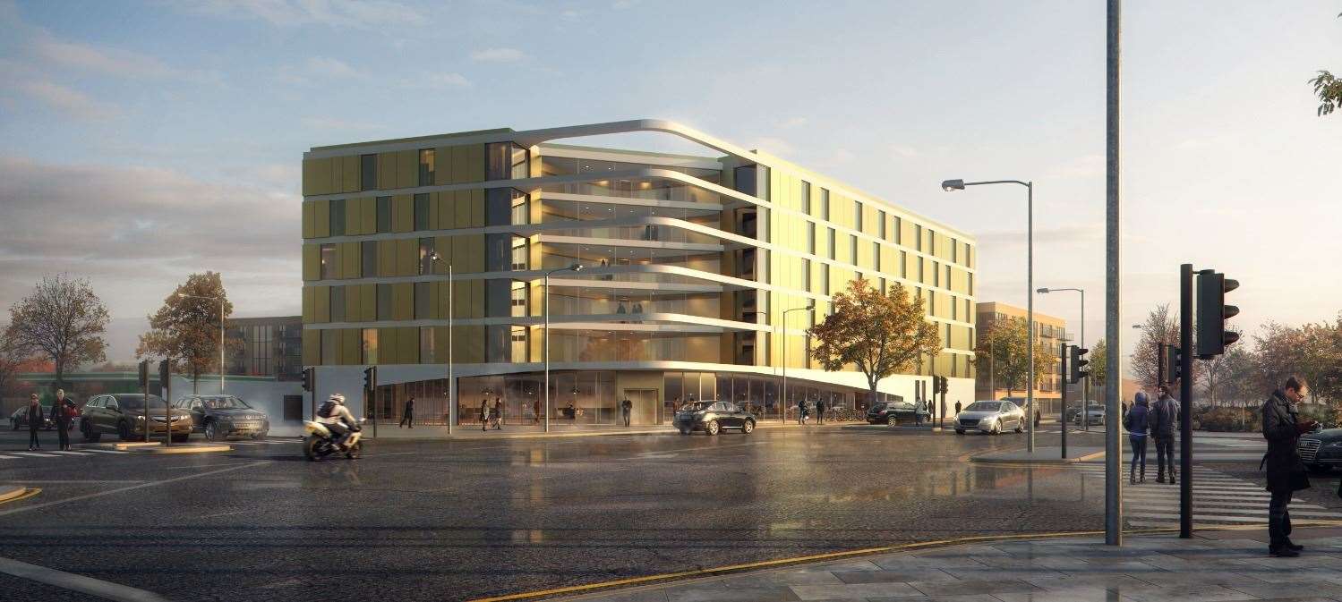 An artist's impression of the completed hotel, which is officially called the Hampton by Hilton Ashford International