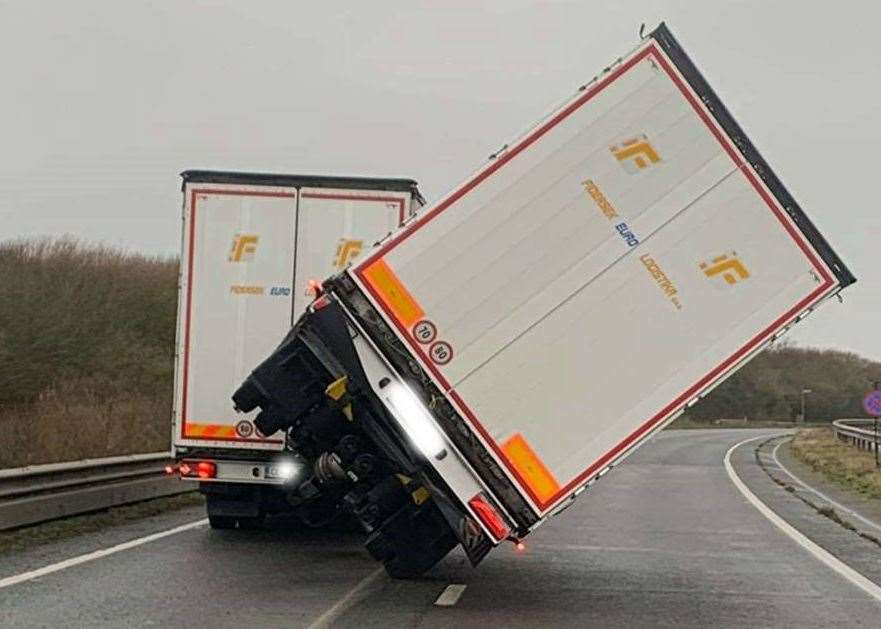 A lorry caught up in Storm Ciara earlier this year. Picture: Highways England