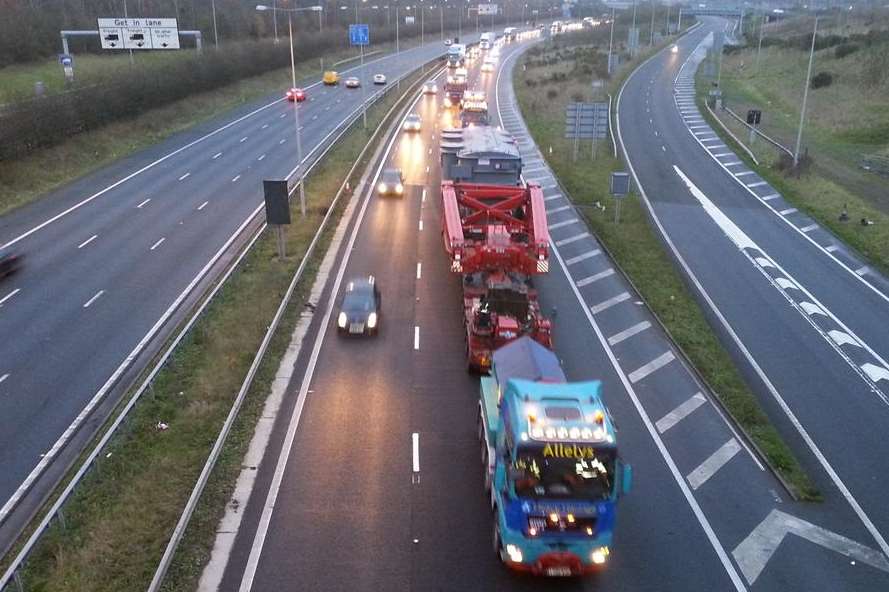 The transformer travels on the M20 en route to Sellindge. Picture: Ruth Cuerden