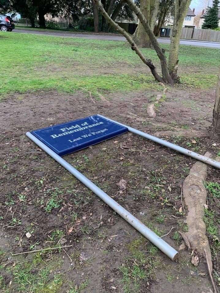 The sign for the Garden of Remembrance at the Royal British Legion Village, Aylesford, was knocked over