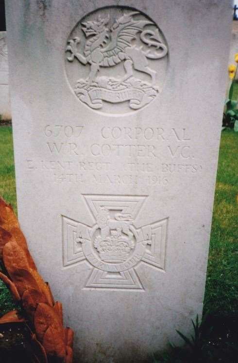 William Cotter's head stone in Lillers Communal Cemetery, Pas de Calais, France. Grave Ref: Plot IV. Row E. Grave 45. Picture: David Hughes