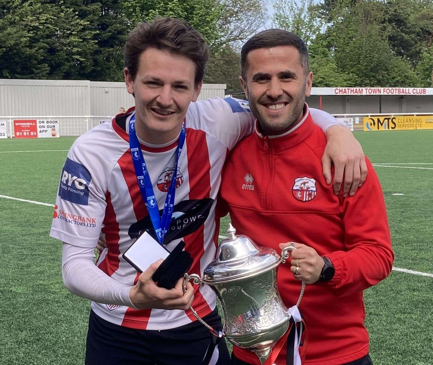 Sheppey United captain Billy Bennett and assistant manager Marcel Nimani with the SCEFL Challenge Cup (56404666)