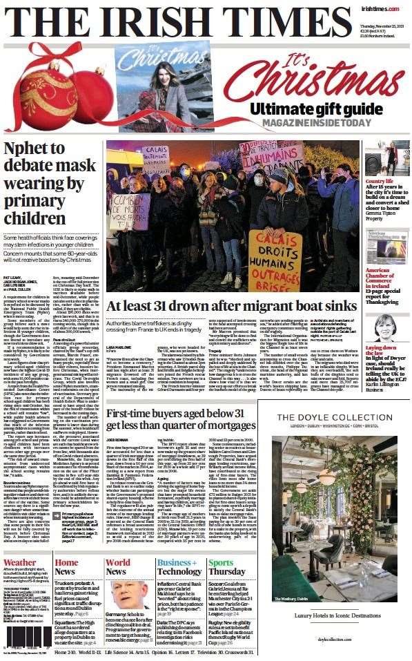 The Irish Times features the tragedy on its front page