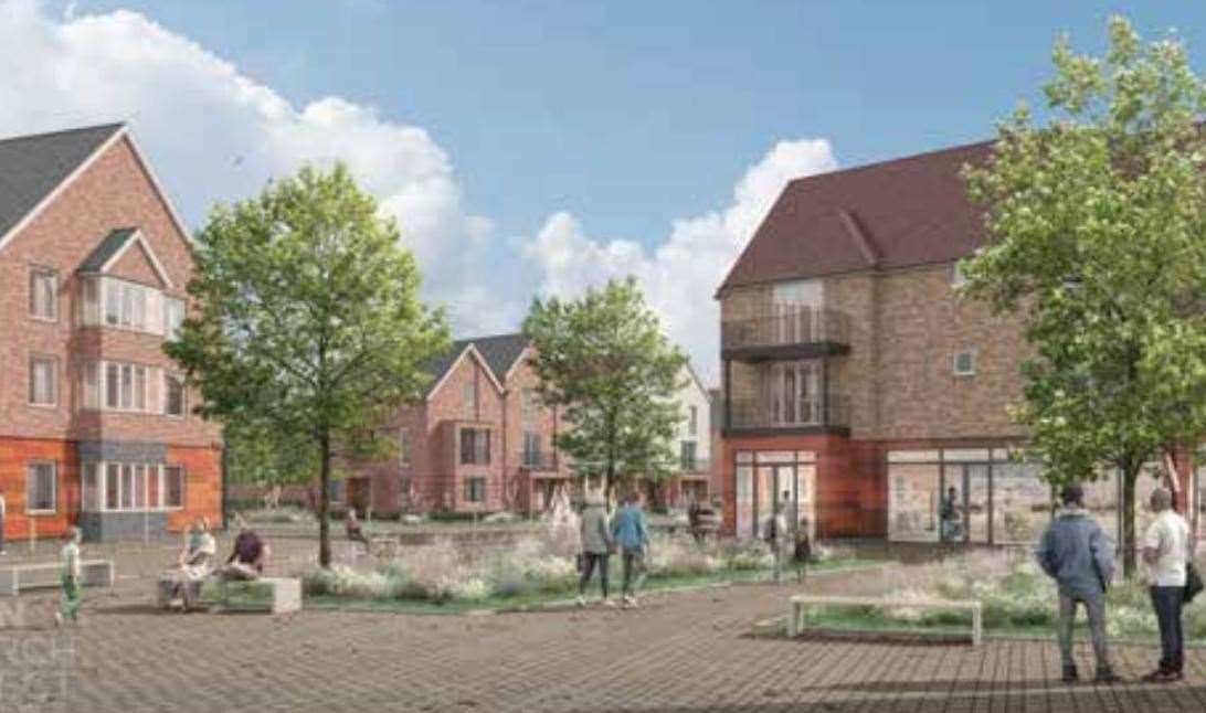 An architect's impression of a new village square planned as part of a 760-home development in High Halstow. Picture: On Architecture Ltd