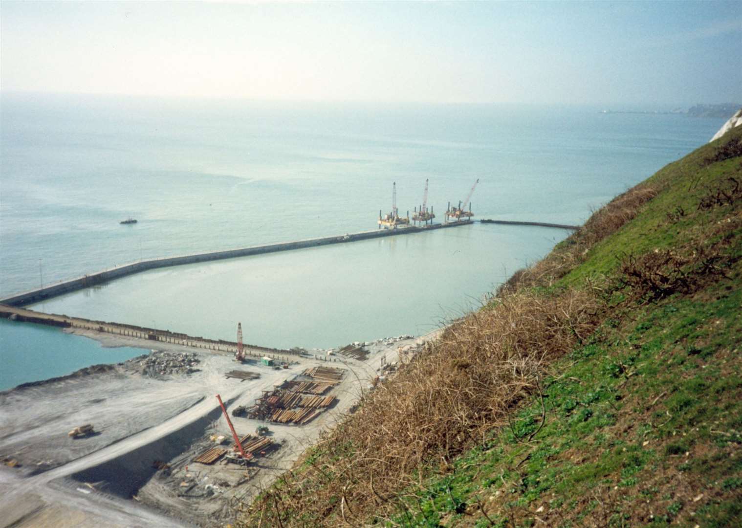 Work of the Channel Tunnel site in 1988, showing the lagoons to be filled with excavated spoil to create Samphire Hoe