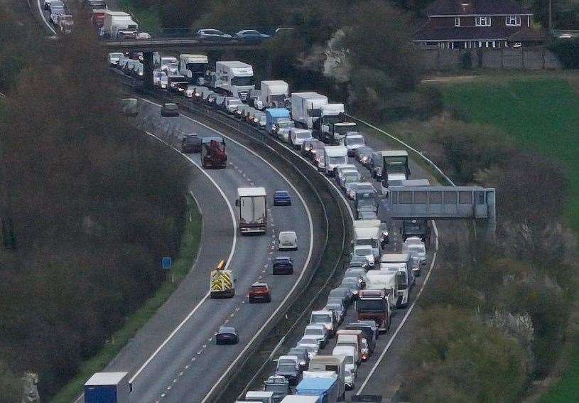 Traffic is building on the M2 near Junction 5 for the Stockbury Roundabout due to a crash. Picture: UKNIP