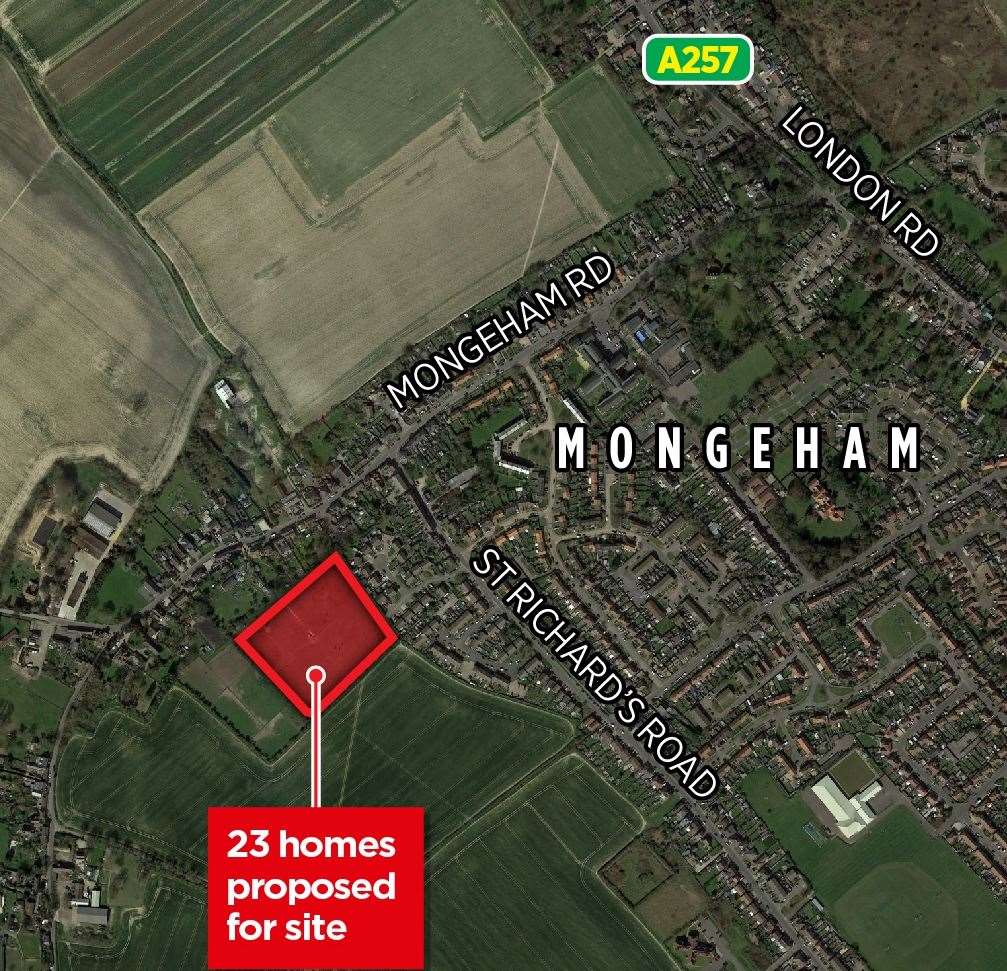 The location of the planned homes for St Edmunds Road, Great Mongeham