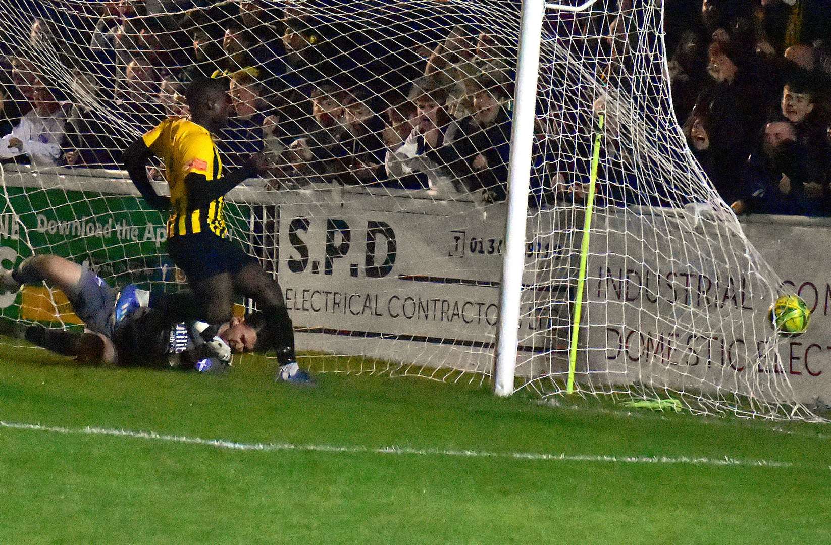 Ade Yusuff smashes home Folkestone's first during their 3-2 extra-time defeat to Eastleigh. Picture: Randolph File
