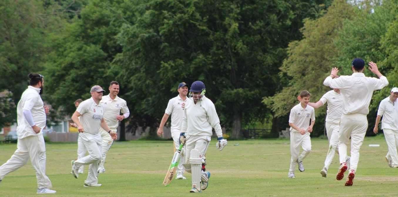Sheldwich Cricket Club celebrate as Jonathan Stanford takes a wicket at home early in the 2022 season. Picture: Megan Wheatley