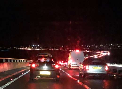 Queues of cars can be seen stretching back from the top of the Sheppey Crossing tonight. Picture: D&A Customs via Twitter