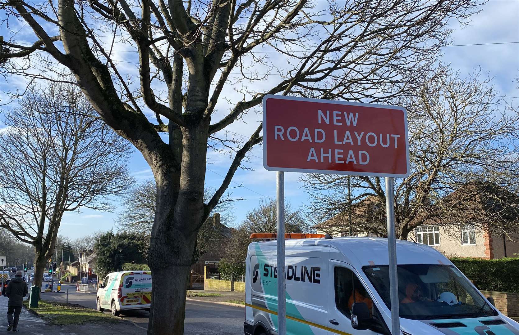 Sign alerting drivers to a new junction layout at the Armstrong Roads cross road in Maidstone
