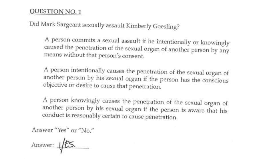 The Texas jury found Mark Sargeant did sexually assault Kimberly Goesling