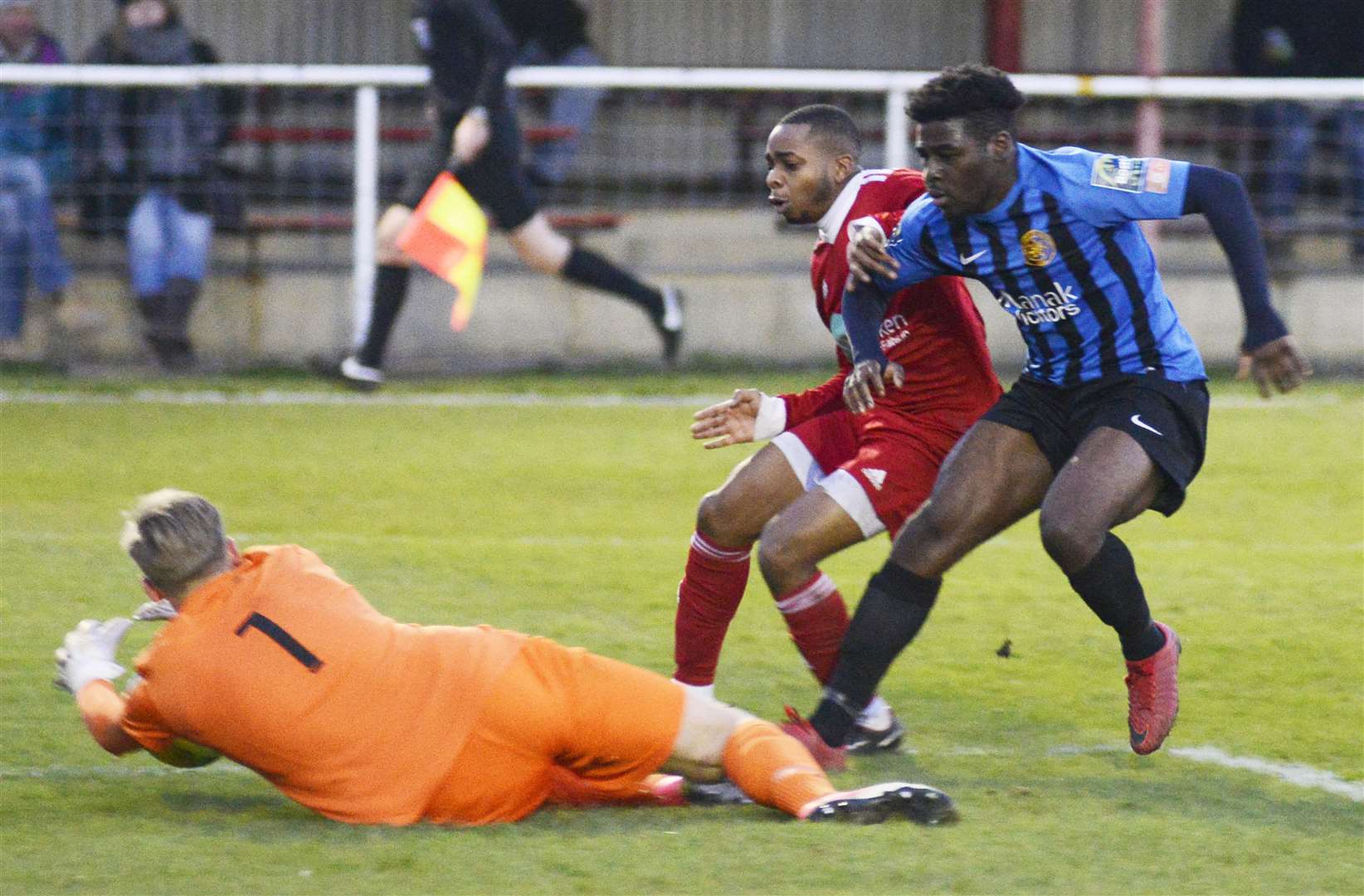 Kieron Campbell is denied by the Sevenoaks goalkeeper Picture: Paul Amos