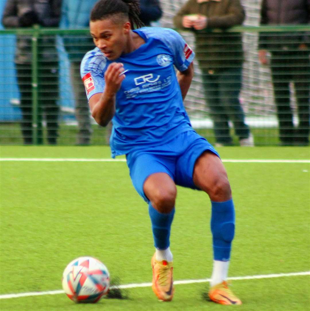 Herne Bay midfielder Mason Saunders-Henry in action against Bowers & Pitsea. Picture: Keith Davy