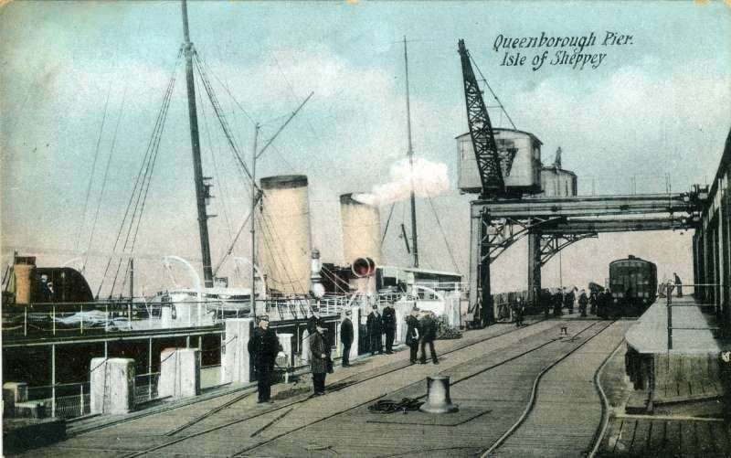 Old postcard showing ferry moored at Queenborough Pier