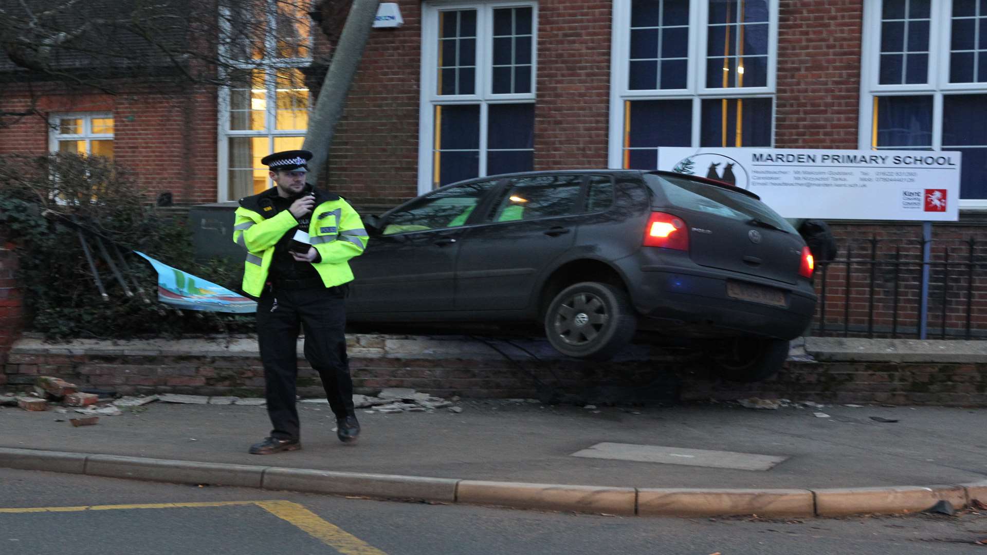 A black Polo crashed into Marden Primary School an hour before the school run. Picture: John Westhrop.