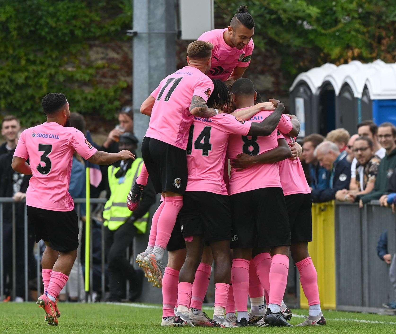 Josh Hill is mobbed by his team-mates after scoring the opener for Dartford. Picture: Keith Gillard (50681113)