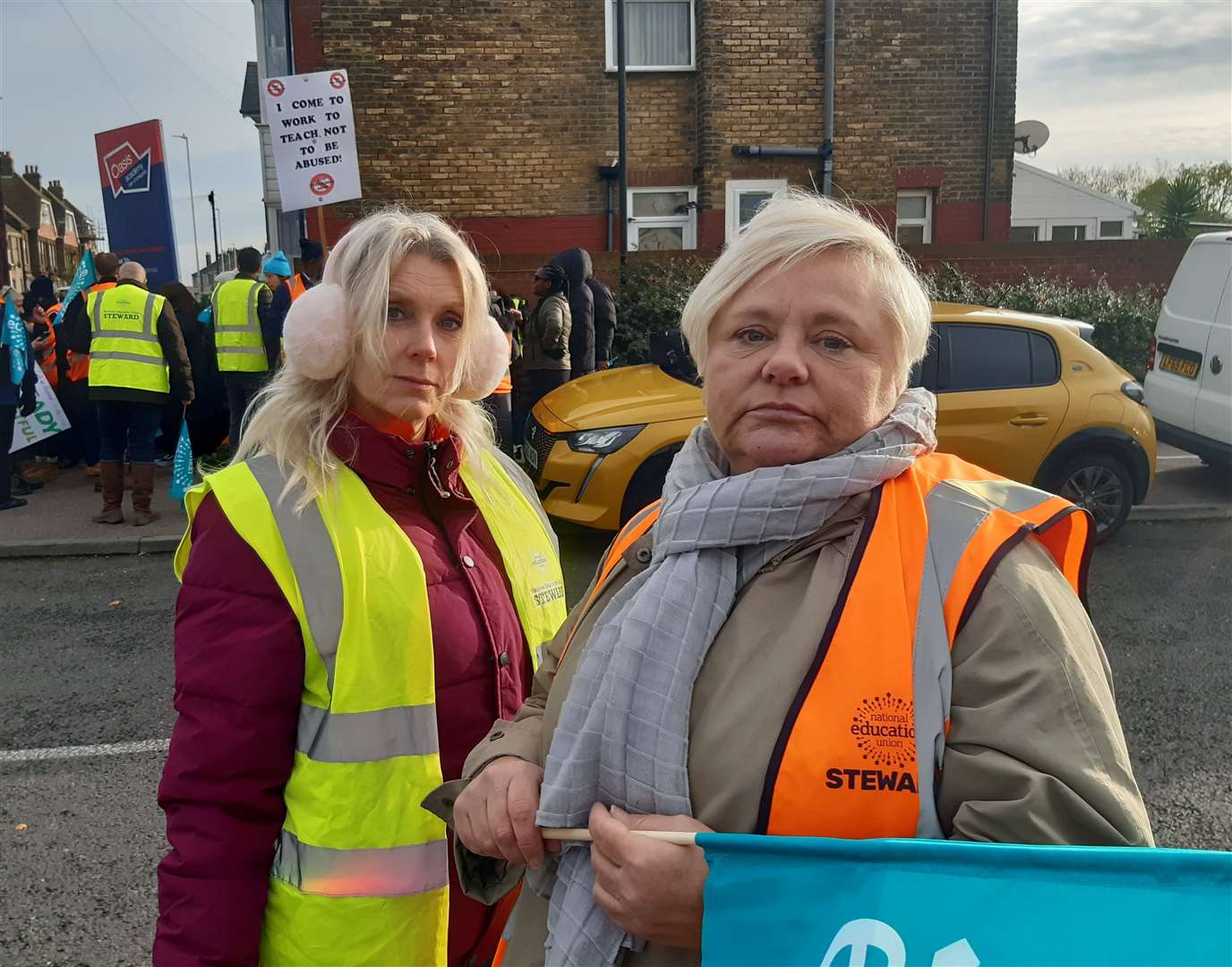 Oasis Academy teachers Claire, left, and Lisa, right, are striking in protest against violence and threats at the school