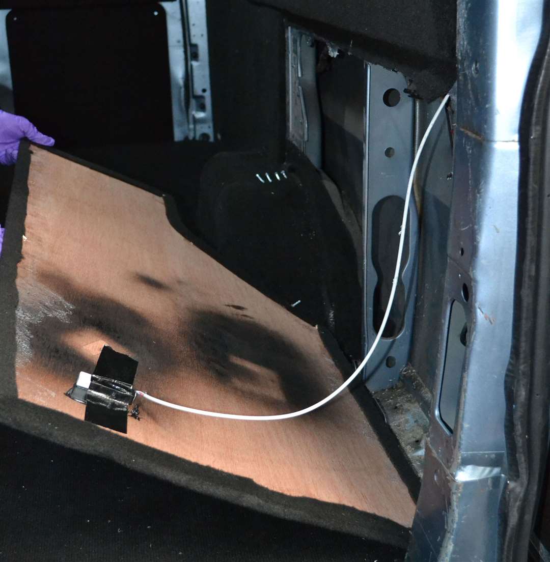The secret compartment found by Border Force officials at the Channel Tunnel in Faisal Khan's van. Picture: Kent Police