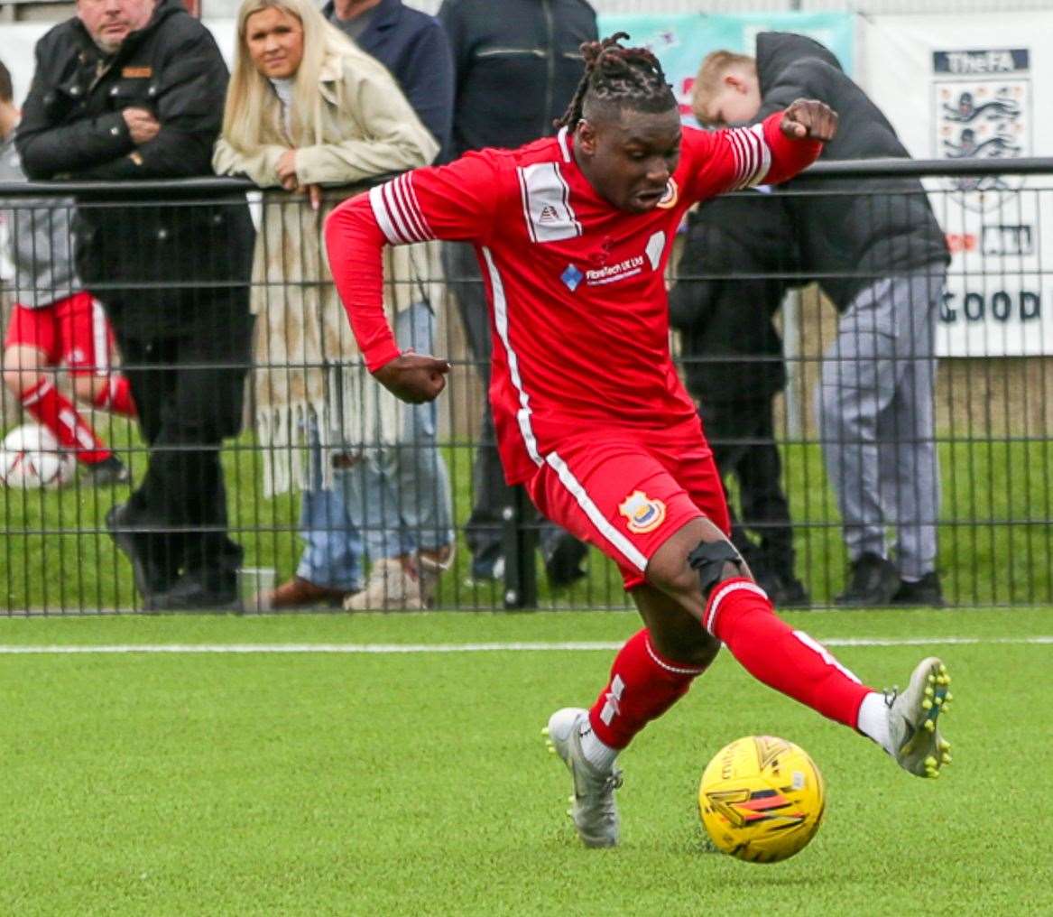Jefferson Aibangbee - in action for Whitstable against Fisher - has joined Faversham on loan next season. Picture: Les Biggs