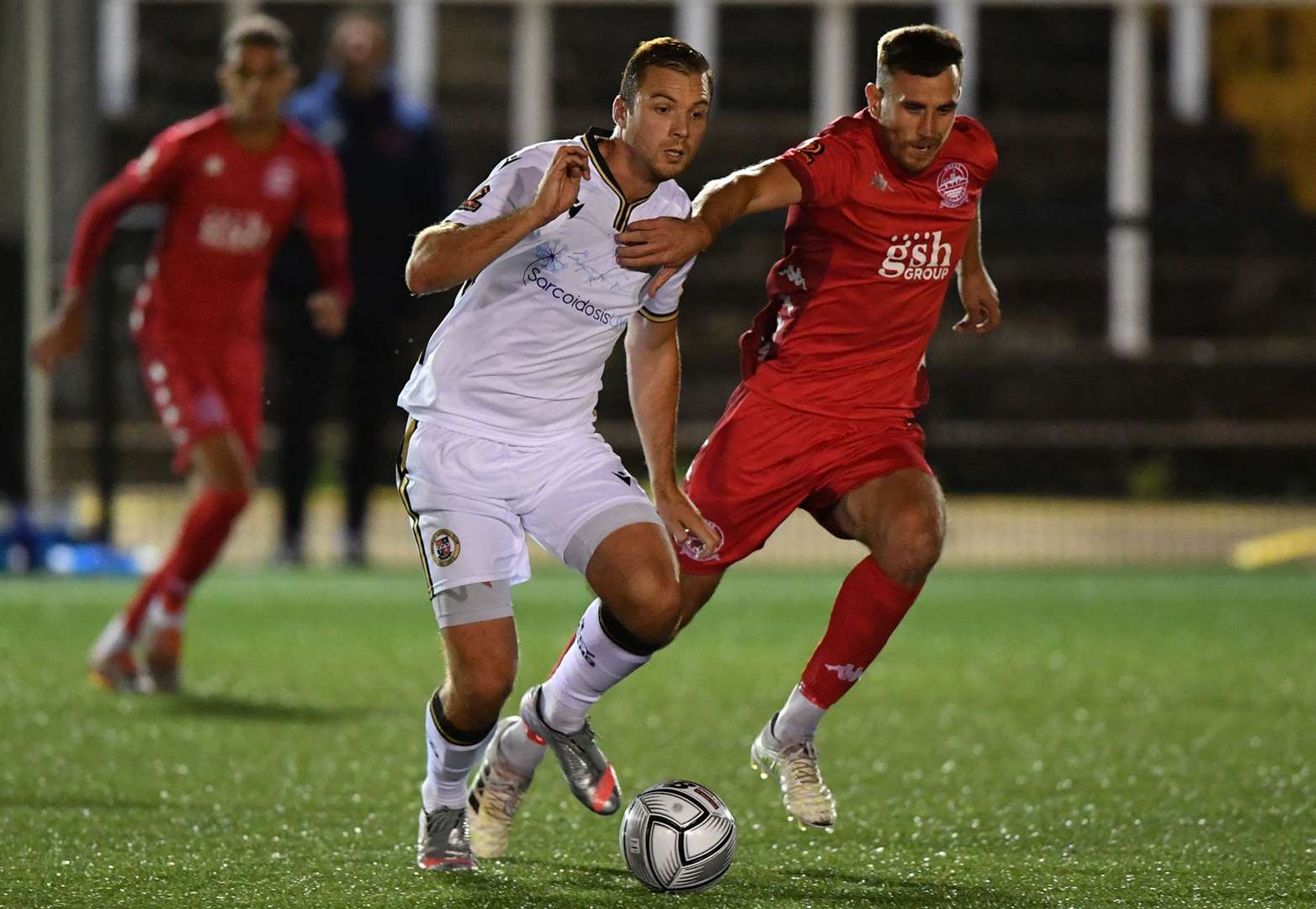 Bromley (white) on the ball against Dover on Tuesday night. Picture: Keith Gillard (42591148)