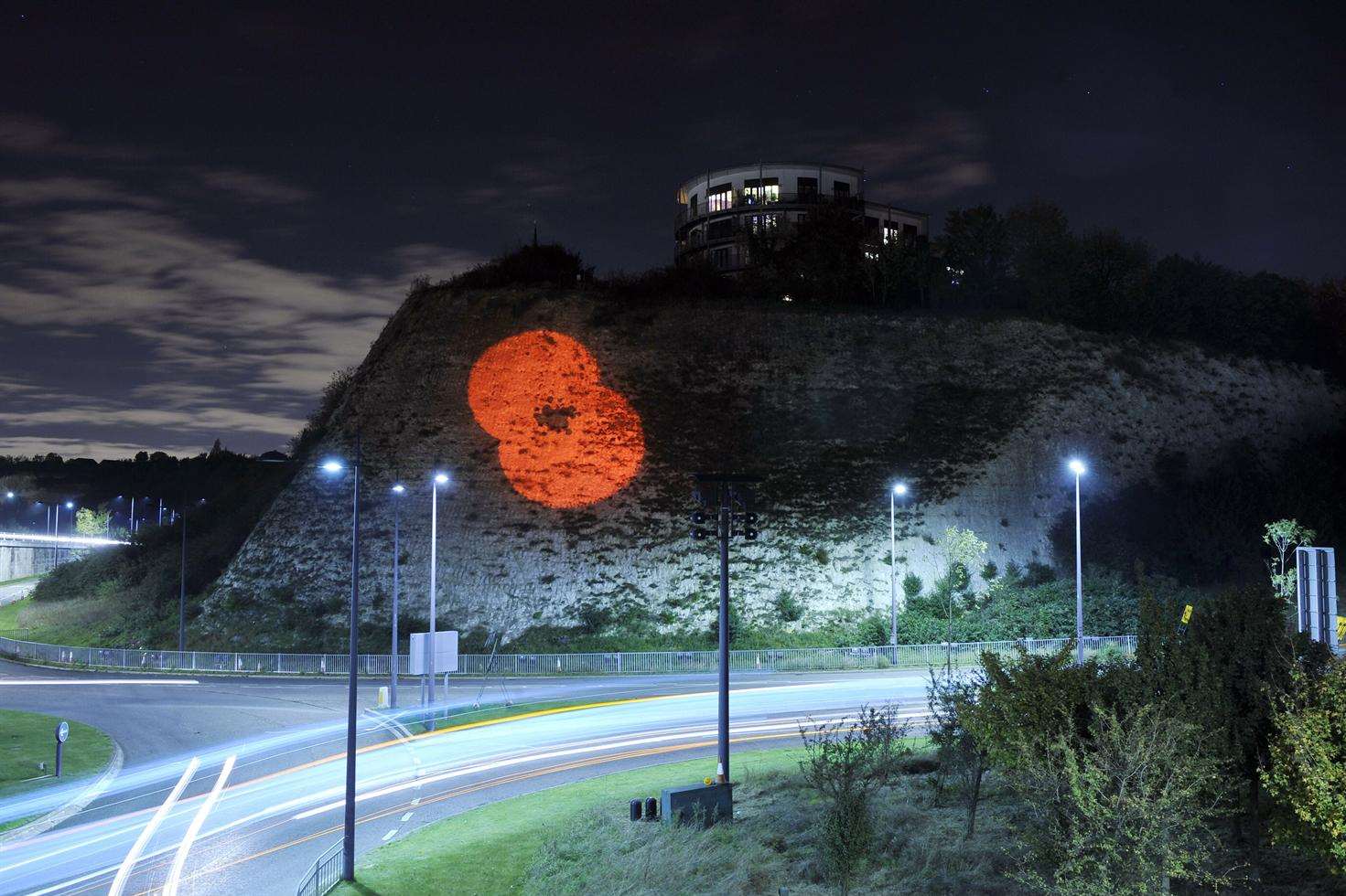 A poppy is beamed onto the cliffs at Bluewater. Picture: Nick Johnson