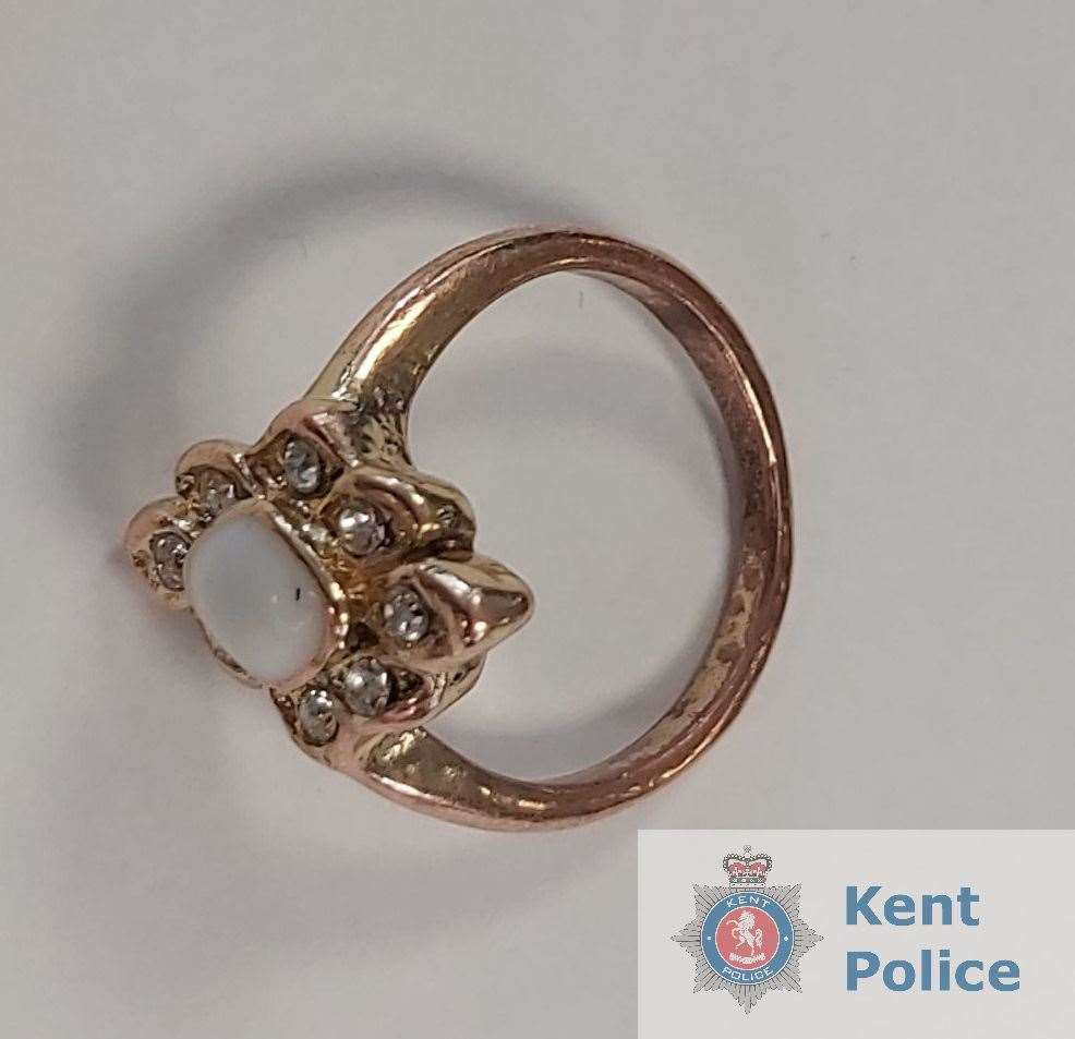 Gold ring with a pearl stone recovered by police in Bensted, Ashford