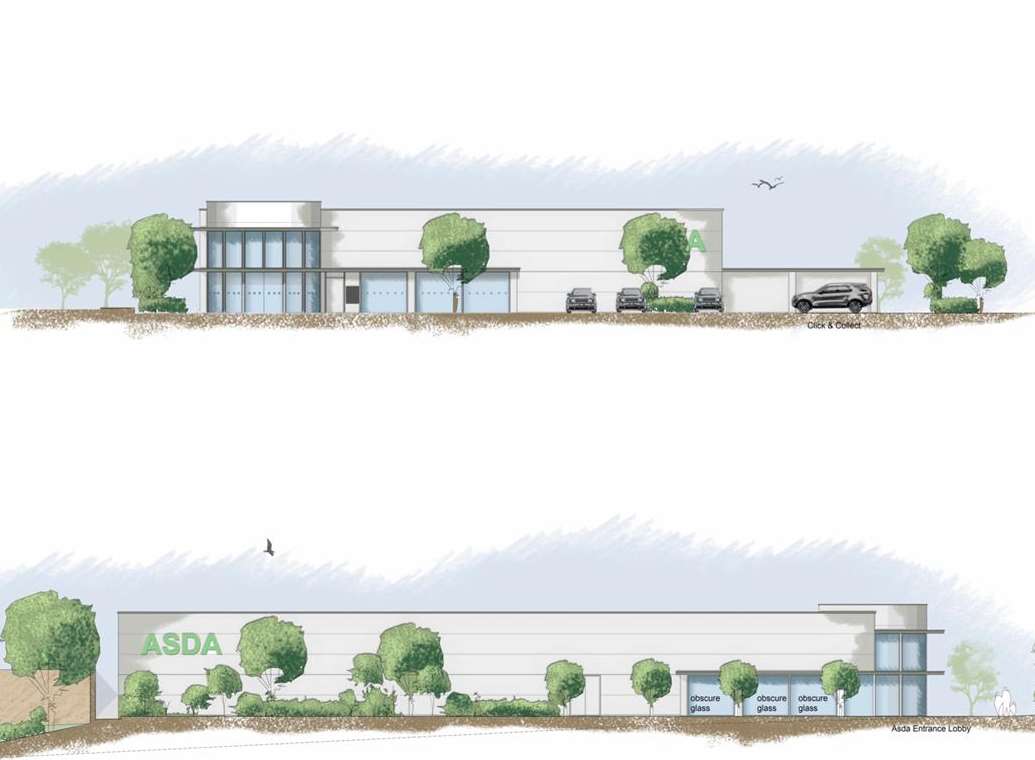 Elevations of the proposed Asda store in Plover Road, Minster