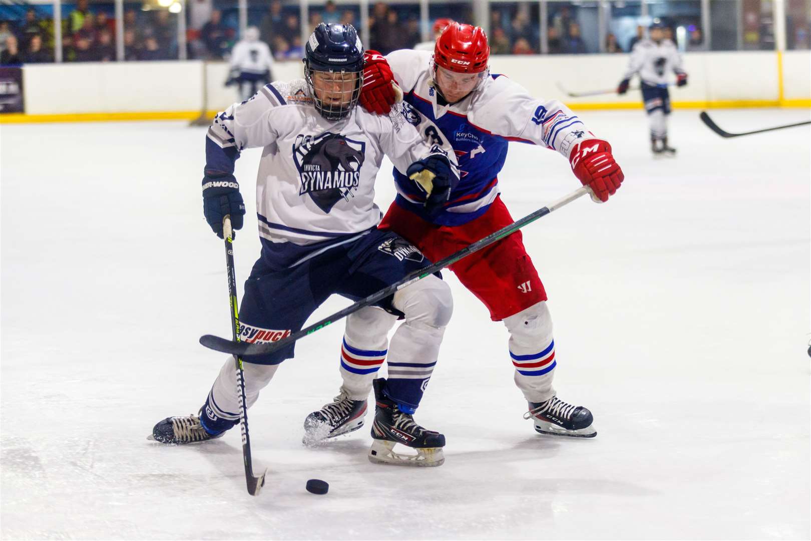 Ruskin Springer-Hughes battles for the puck for Invicta Dynamos against Slough Jets Picture: David Trevallion