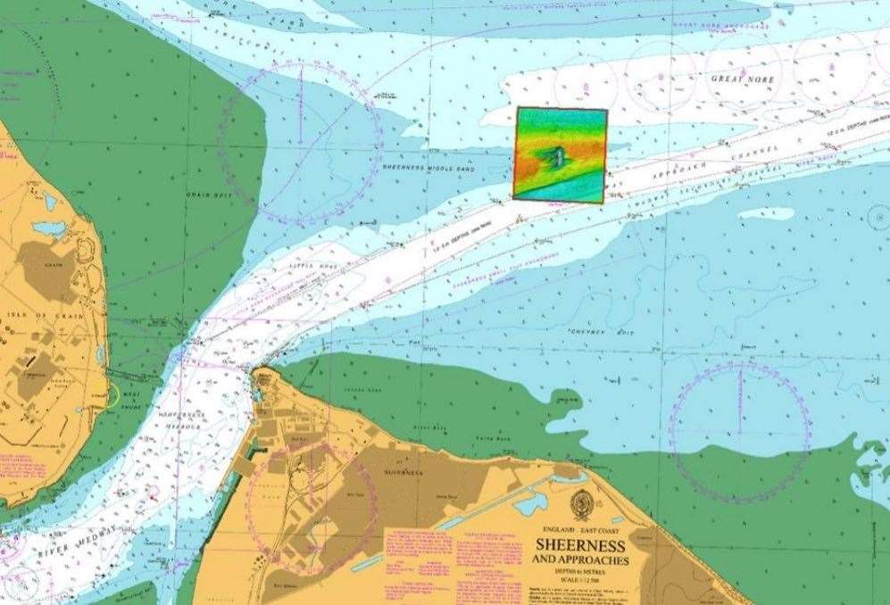 Where the wreck of the Richard Montgomery lies in the Thames Estuary. Picture: Maritime & Coastguard Agency