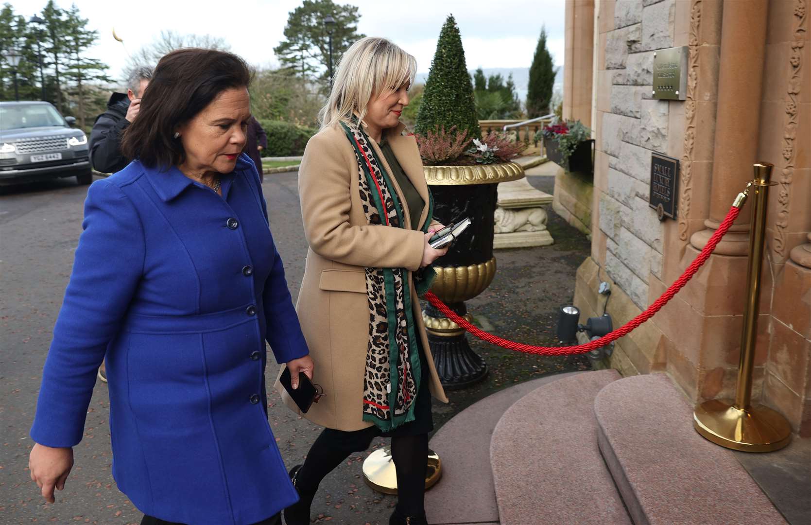 Sinn Fein Party leader Mary Lou McDonald (left) and vice president Michelle O’Neill arrive at the Culloden Hotel to meet Prime Minister Rishi Sunak (Liam McBurney/PA).