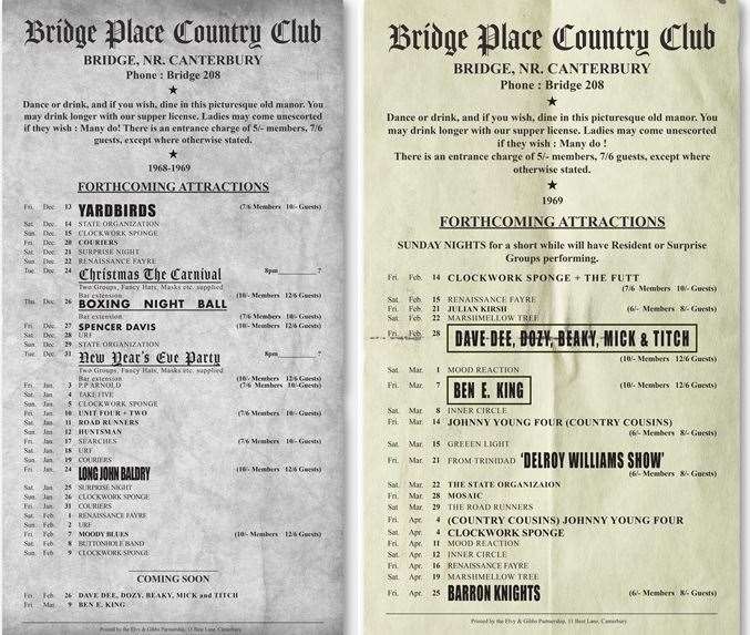 A programme from Bridge Country Club in 1968/69 featuring some chart topping bands and performers of the time