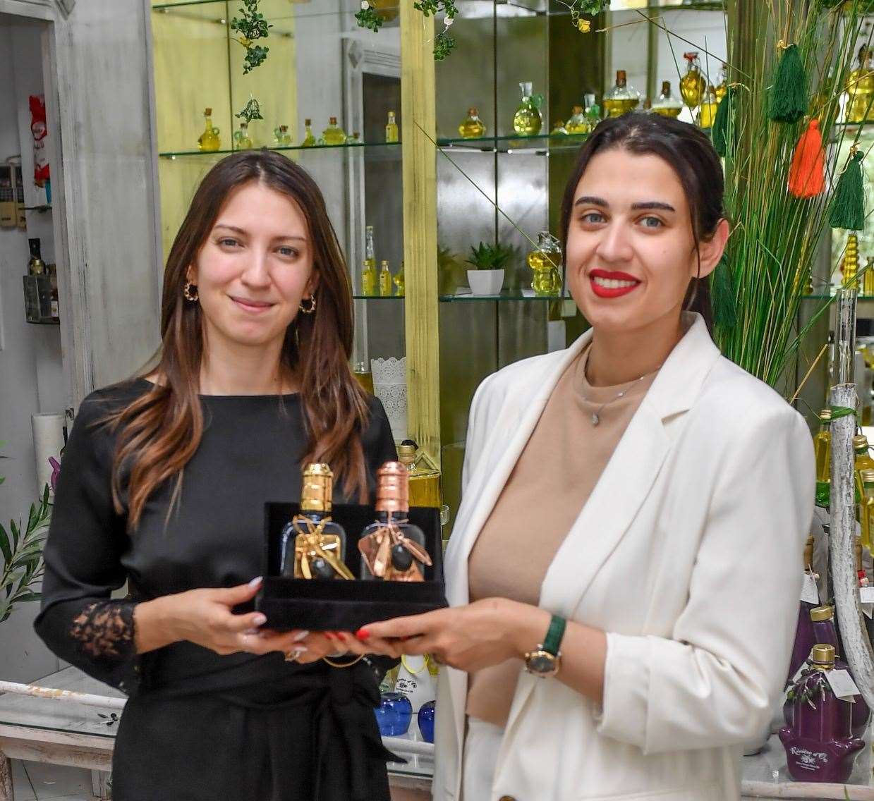 Sisters Nouha and Mariem Louedi in their spectacular Riviere d'Or olive oil showroom in Tunis