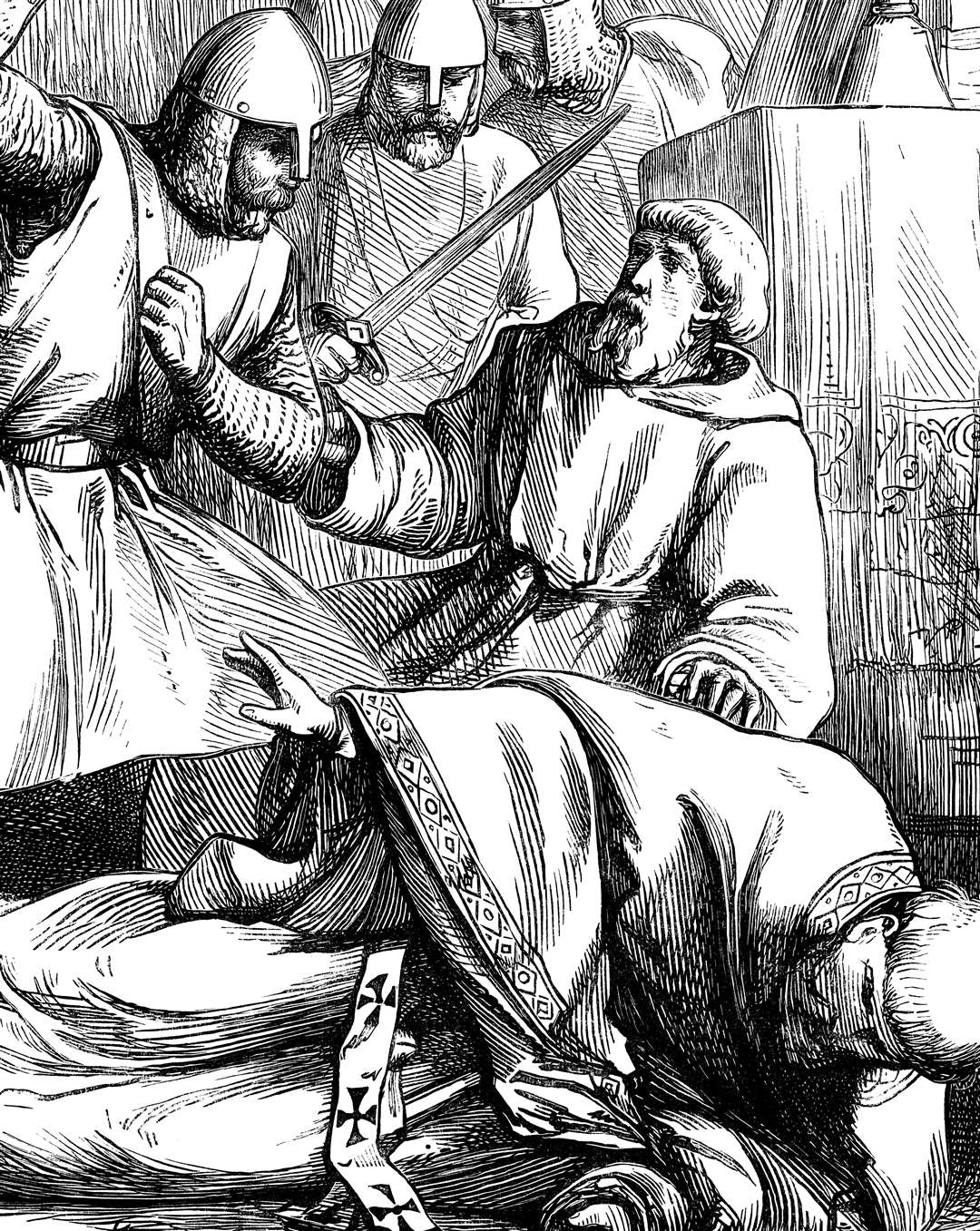 An engraved illustration of Thomas Becket's murder at Canterbury Cathedral from a Victorian book