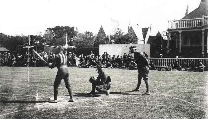 Baseball played between Canadian and British soldiers at Folkestone cricket ground in Cheriton Road in June 1915. Picture courtesy the Paine Collection