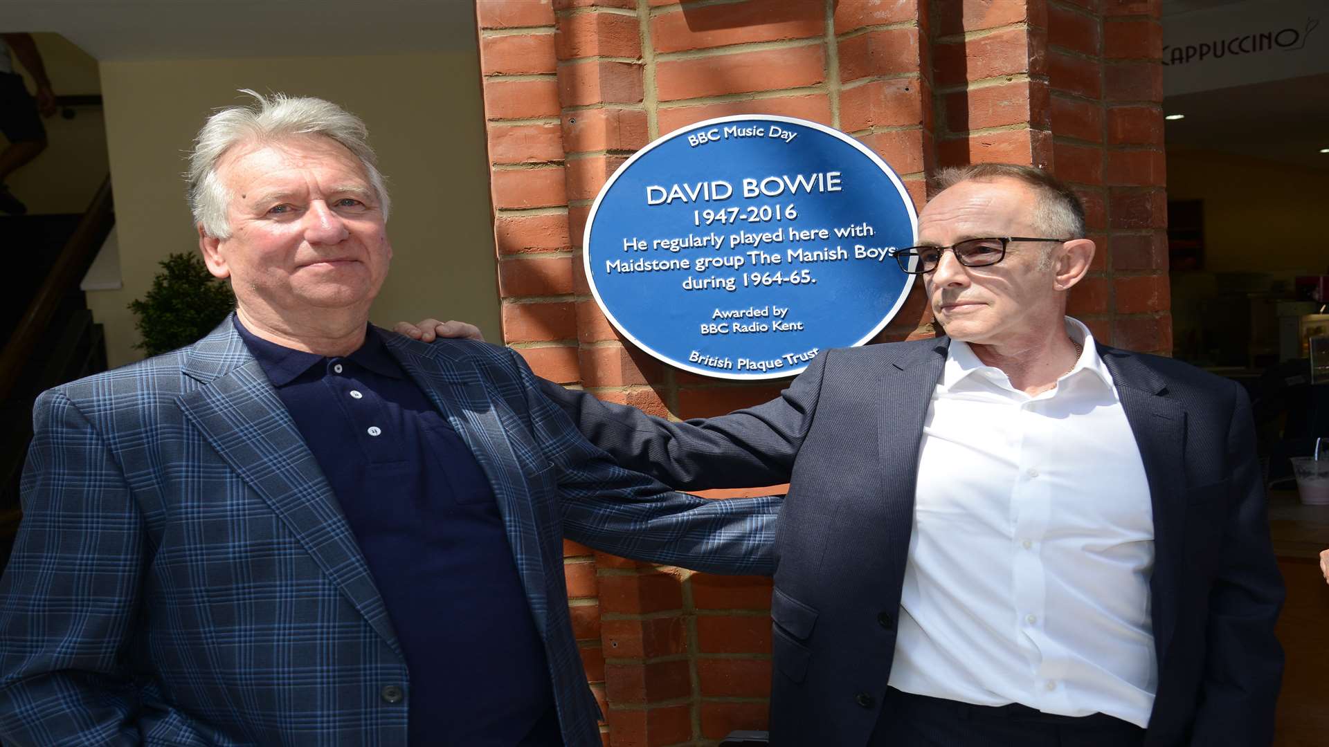 Bob Solly and Topper Headon, former drummer with The Clash, unveiling of the blue plaque to David Bowie who played with the Manish Boys at the Royal Star Hotel in Maidstone.