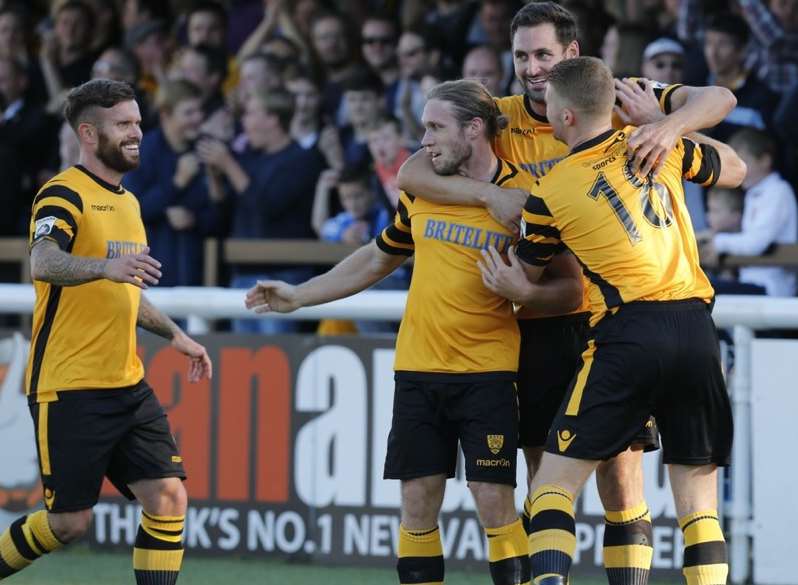 Matt Bodkin, centre, celebrates his second goal against South Park with Maidstone team-mates Adam Birchall, Jay May and Alex Osborn Picture: Matt Walker