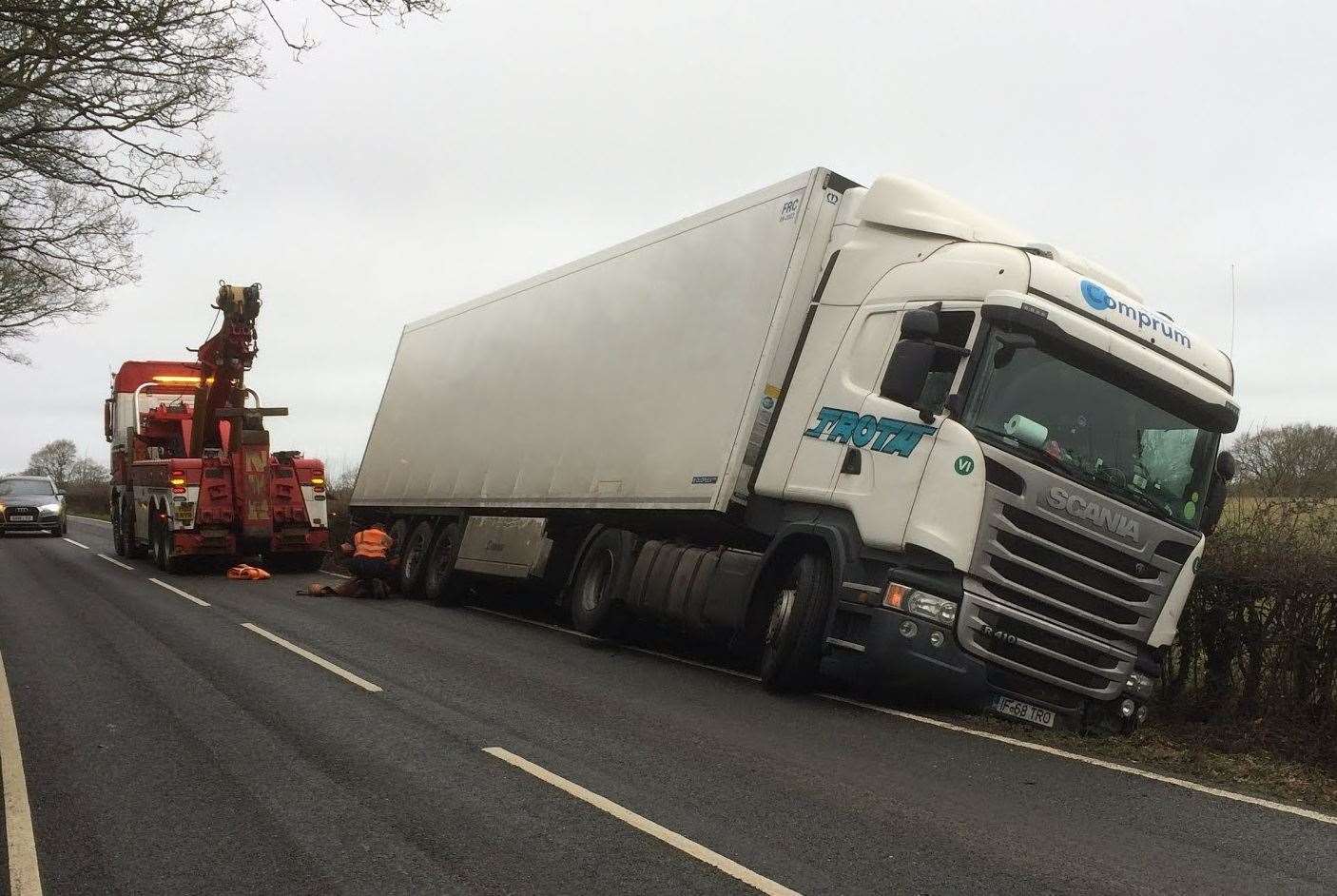 The articulated lorry veered off the road near Biddenden
