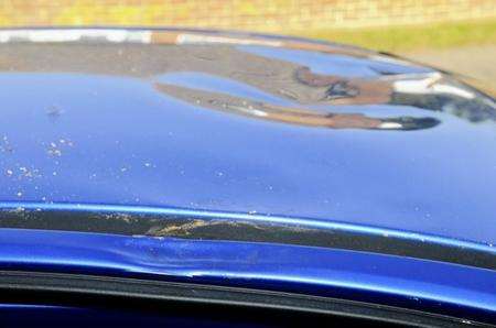 The damage to Michaela and Peter Woods' car after being hit by a tree in Kent Avenue, Minster