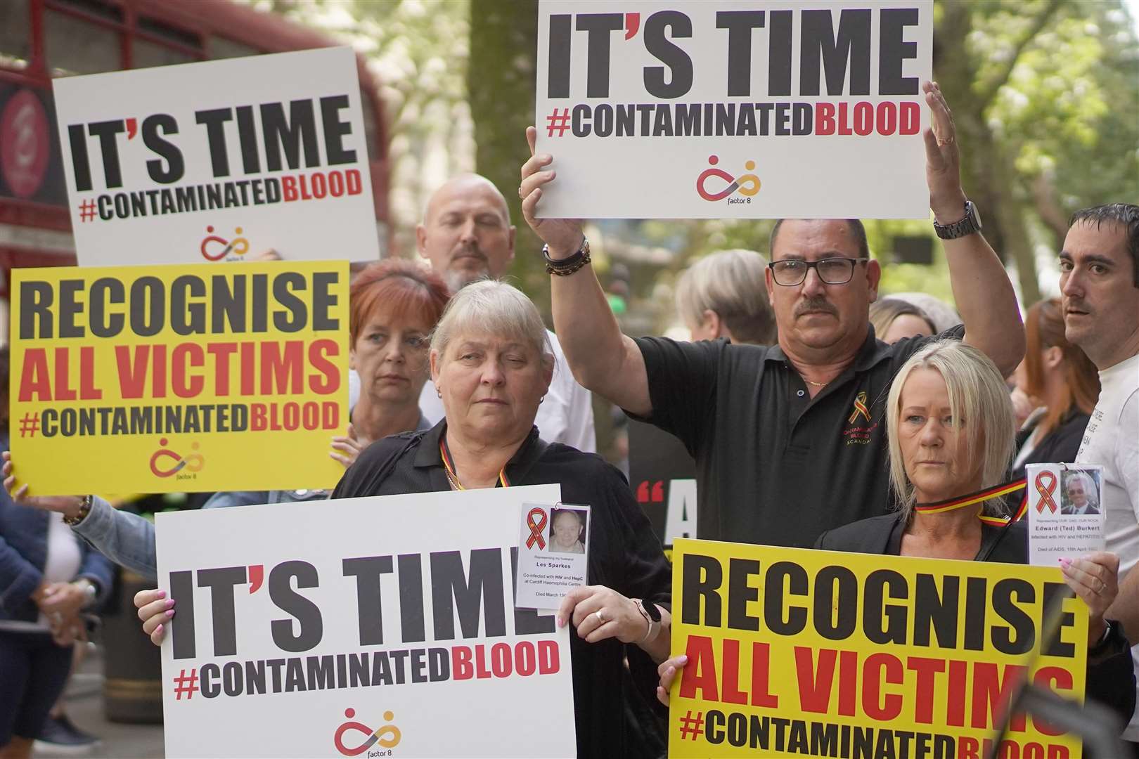 Campaigners, including many who are personally infected and affected by infected blood, gathered in Westminster (PA)