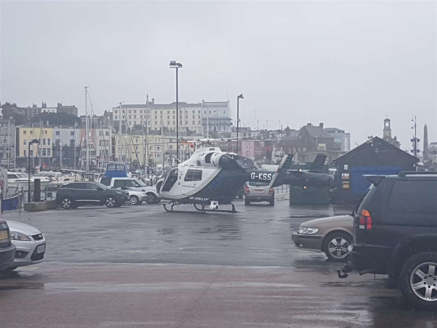The air ambulance lands at Ramsgate Harbour