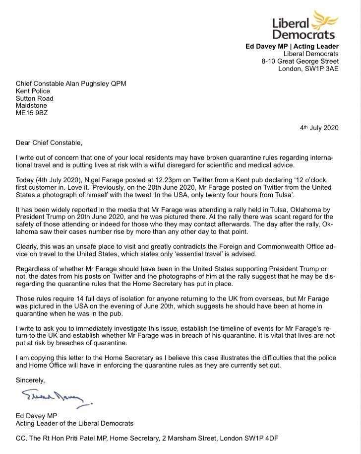 The full letter to Kent's chief constable Alan Pughsley from Lib Dem leaderr Ed Davey