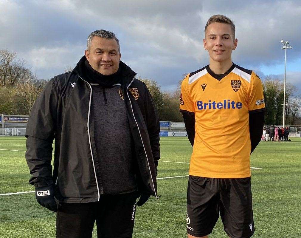 Maidstone United manager Hakan Hayrettin with Max Sutton