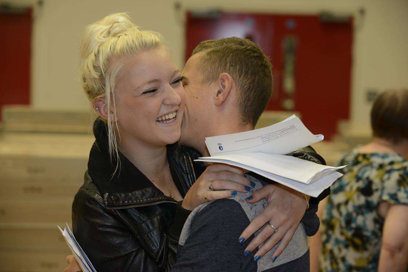 Nicola Watson hugs Tyler Foster at Aylesford school sports college