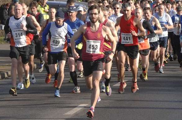 Anthony Jackson leads the field at the start of the Deal Half-Marathon. Picture: Chris Davey