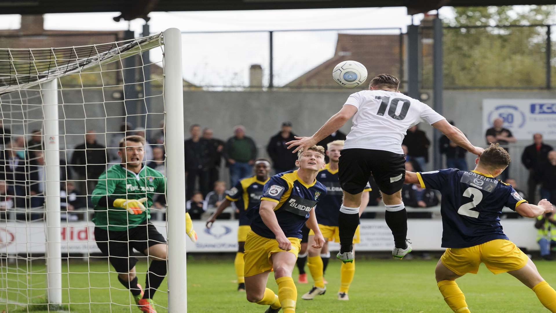 Andy Pugh up well to score Dartford's third goal Picture: Andy Payton